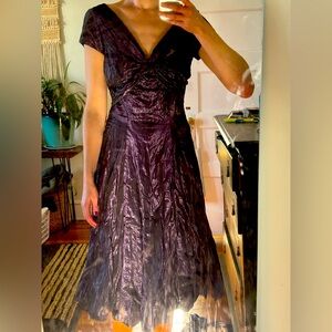 Nicole Miller metallic crinkle tea-length dress, purple. Size 8. Worn once.